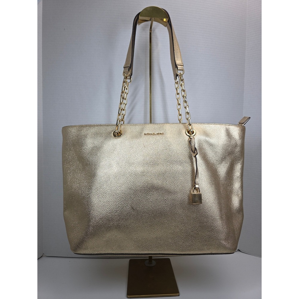 Michael Kors Jet Set Travel Metallic Gold Pebbled Leather Chain Tote Bag